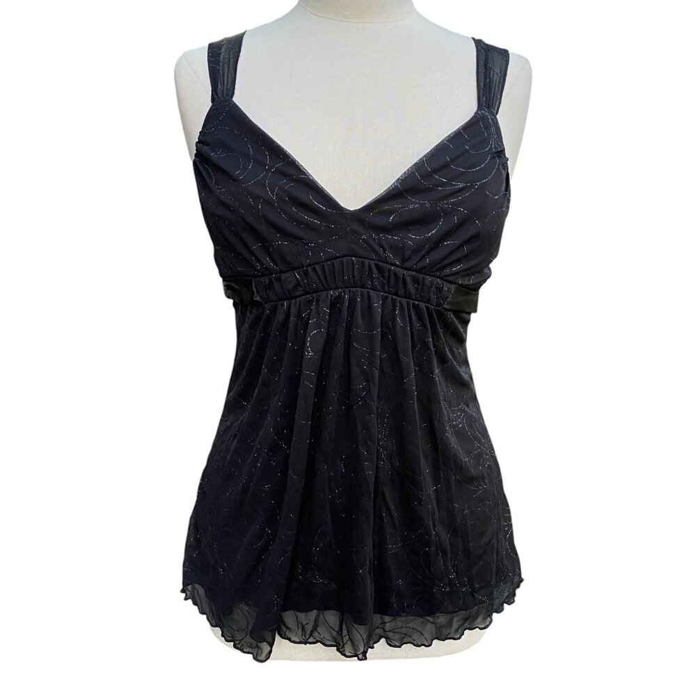 Vintage Y2K Black Shimmer Babydoll Tank Top Whimsigoth Fairy Back Tie Sheer-M